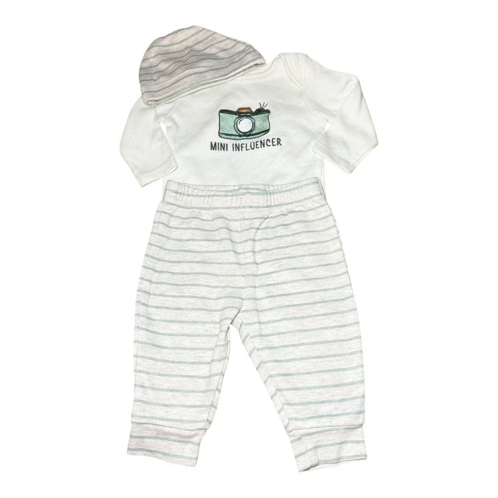 Modern Aesthetic Minibean Outfit Set 0-3M White Green Mini Influencer 3pc‎